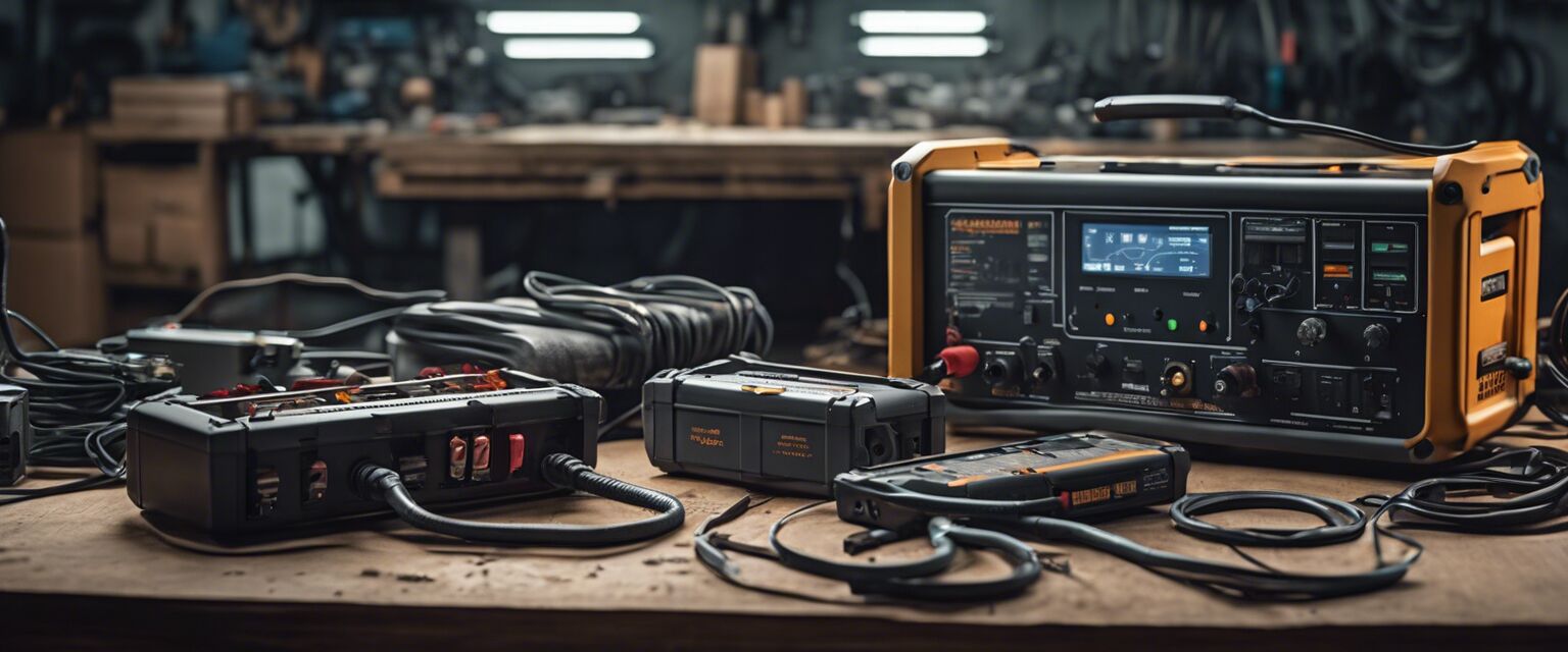 Battery packs and chargers displayed in workshop