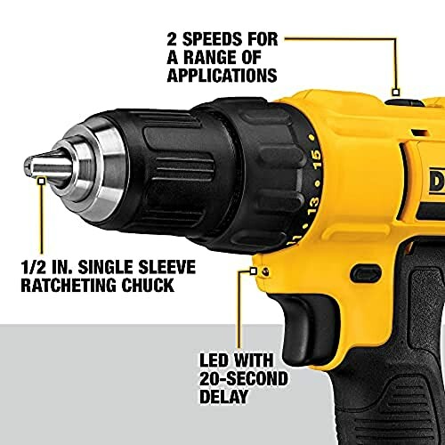 Cordless drill with labeled features including 2 speeds, 1/2 inch chuck, and LED light.