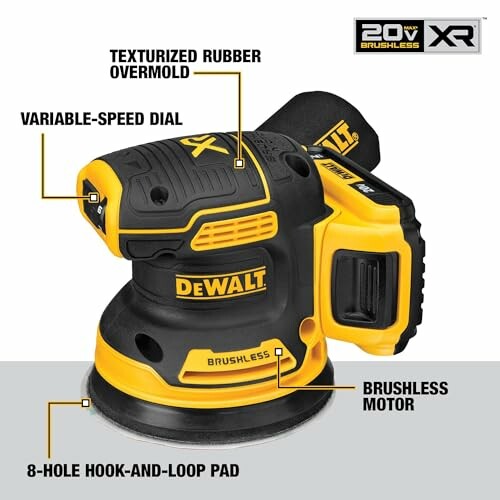 Dewalt cordless sander with features labeled: texturized rubber overmold, variable-speed dial, brushless motor, 8-hole hook-and-loop pad.