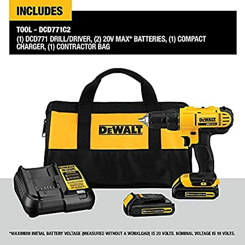 DEWALT drill kit with drill, batteries, charger, and bag.