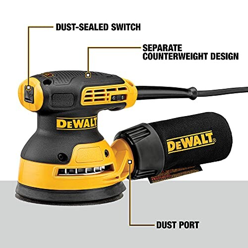 DeWalt orbital sander with dust-sealed switch, separate counterweight, and dust port