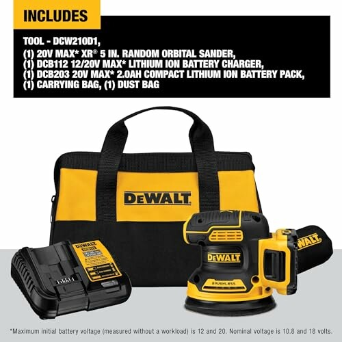 DeWalt sander kit with bag, battery, and charger.